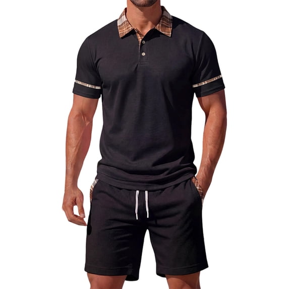 Bpyeka Men's Plaid-Trimmed Waffle Matching Set, Point Collar Short Sleeve Top & Drawstring Waist Shorts, Preppy Casual Two-Piece Outfit, 2XS-2XL