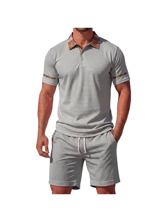 Men's Plaid-Trimmed Waffle Matching Set, Point Collar Short Sleeve Top & Drawstring Waist Shorts, Preppy Casual Two-Piece Outfit, 2XS-2XL