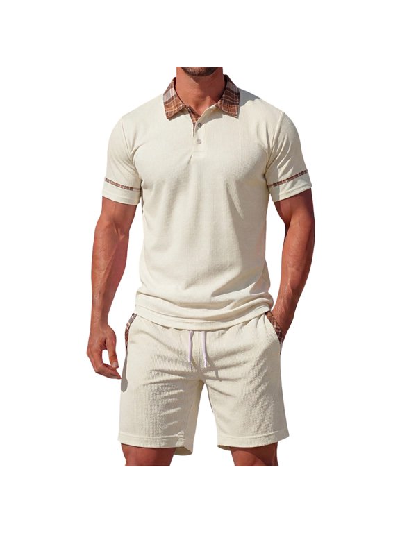 Men's Plaid-Trimmed Waffle Matching Set, Point Collar Short Sleeve Top & Drawstring Waist Shorts, Preppy Casual Two-Piece Outfit, 2XS-2XL