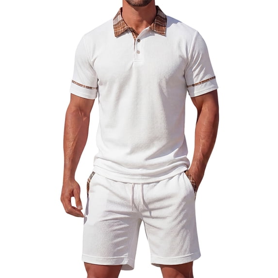 Bpyeka Men's Plaid-Trimmed Waffle Matching Set, Point Collar Short Sleeve Top & Drawstring Waist Shorts, Preppy Casual Two-Piece Outfit, 2XS-2XL