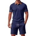 thumbnail image 1 of Bpyeka Men's Plaid-Trimmed Waffle Matching Set, Point Collar Short Sleeve Top & Drawstring Waist Shorts, Preppy Casual Two-Piece Outfit, 2XS-2XL, 1 of 7