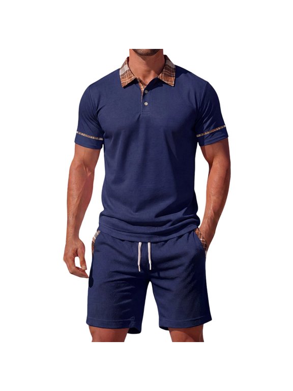 Men's Plaid-Trimmed Waffle Matching Set, Point Collar Short Sleeve Top & Drawstring Waist Shorts, Preppy Casual Two-Piece Outfit, 2XS-2XL