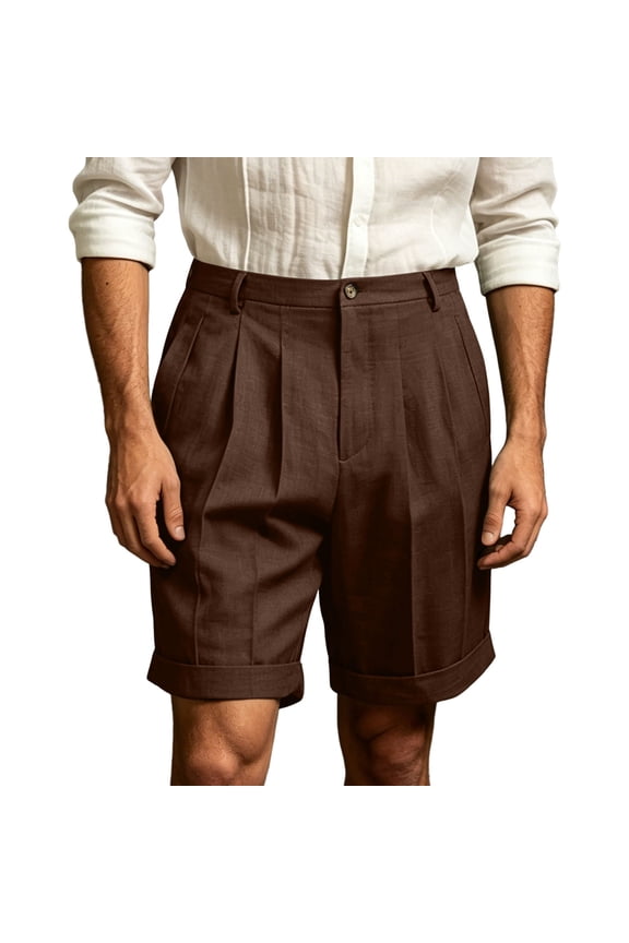 Men's Pleated Cuffed Hem Dress Shorts, Button Closure Front Pockets Breathable Casual Summer Bottoms, S-3XL, Wine