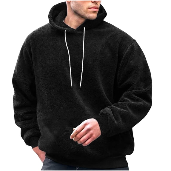 Bpyeka Men's Plush Fleece Pullover Hoodie, Drawstring Soft Fluffy Long Sleeve Warm Casual Outerwear S-3XL, Black