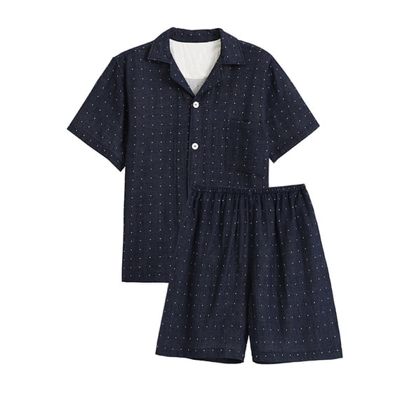 Bpyeka Men's Polka Dot Pajama Set, Camp Collar Short Sleeve Button Top & Elastic Waist Shorts, Breathable Casual Home Loungewear, M-XL, Navy
