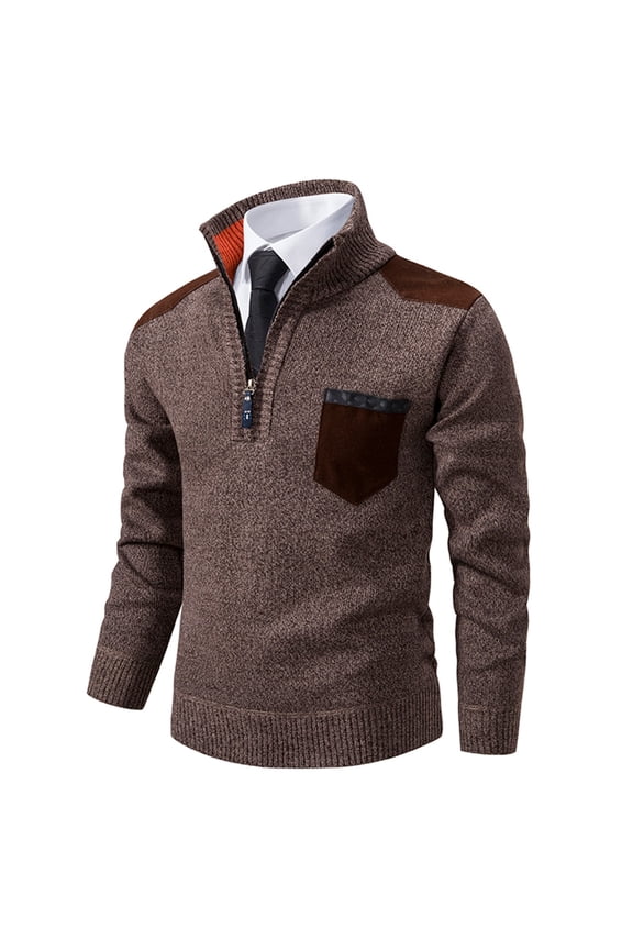 Men's Quarter Zip Stand Collar Sweater Suede Patch Pocket Shoulder Color Block Ribbed Knit Long Sleeve Loose Warm Business Casual Pullover S-3XL, Coffee