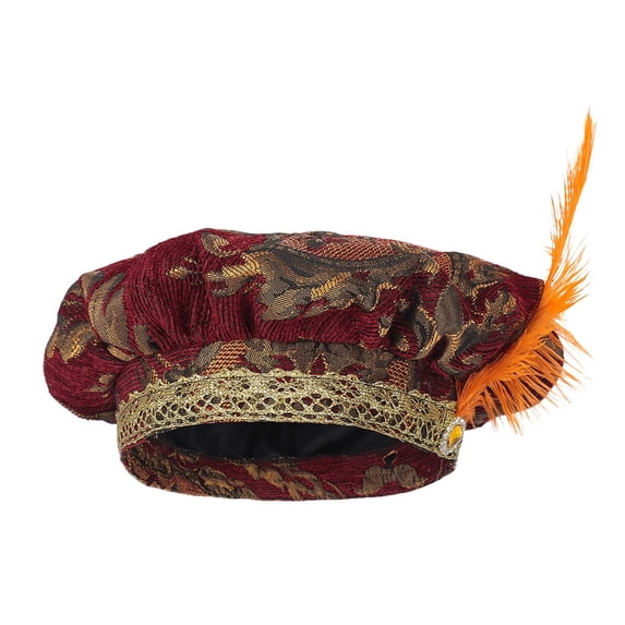 Bpyeka Men's Renaissance Tudor Beret Hat, Vintage Jacquard Feather Decor Medieval Costume Cap For Halloween Party Cosplay Free Size, Red