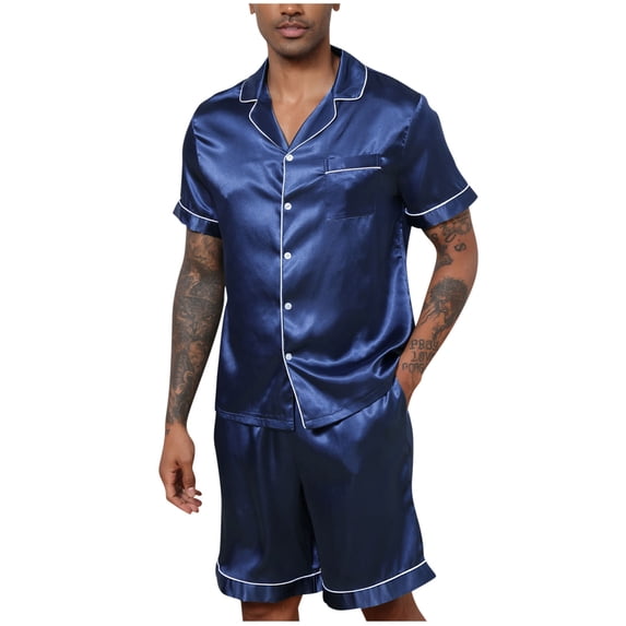 Bpyeka Men's Satin Pajama Set, Notch Collar Short Sleeve Button Shirt & Elastic Waist Shorts with Contrast Piping, Luxe Silky All-Season Loungewear, S-2XL, Navy