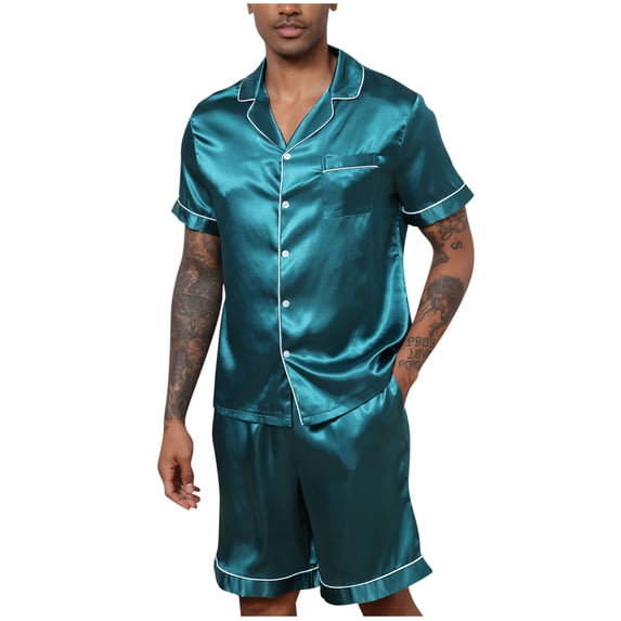Bpyeka Men's Satin Pajama Set, Notch Collar Short Sleeve Button Shirt & Elastic Waist Shorts with Contrast Piping, Luxe Silky All-Season Loungewear, S-2XL
