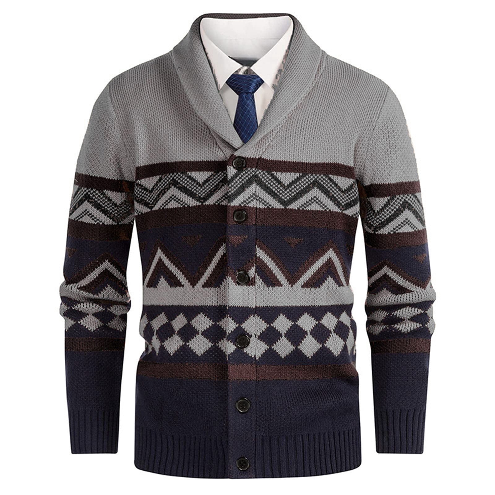 Bpyeka Men's Shawl Collar Knit Cardigan Geometric Fair Isle