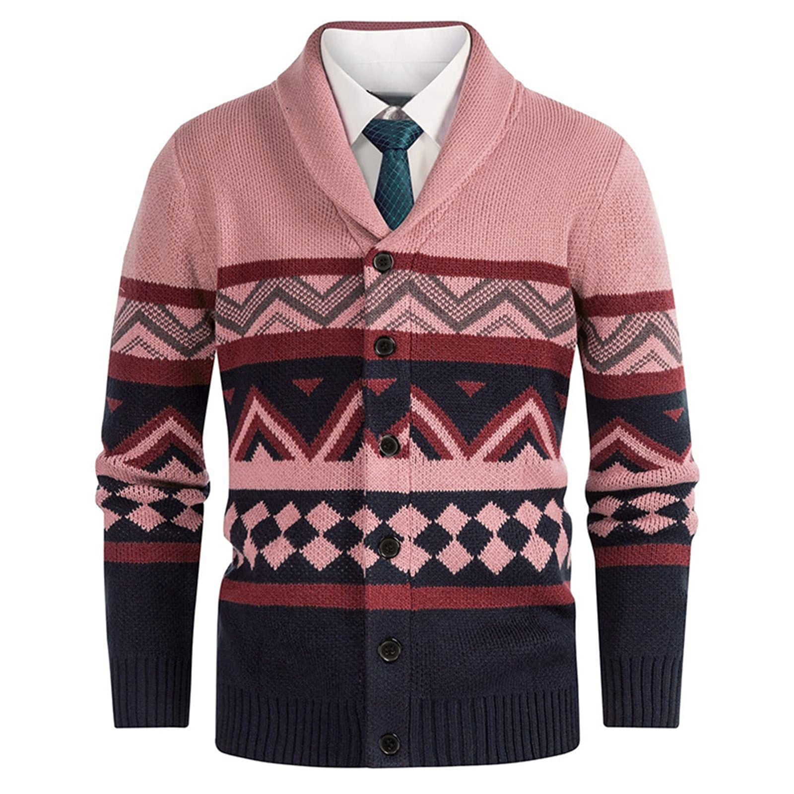 Bpyeka Men's Shawl Collar Knit Cardigan Geometric Fair Isle