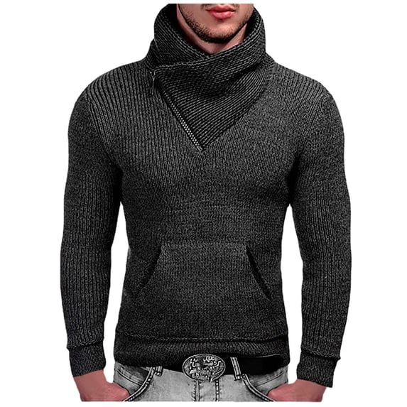 Bpyeka Men's Shawl Collar Wrap V-Neck Knit Sweater Long Sleeve Ribbed Pullover With Pocket Casual Warm Winter Jumper S-3XL, Dark Gray