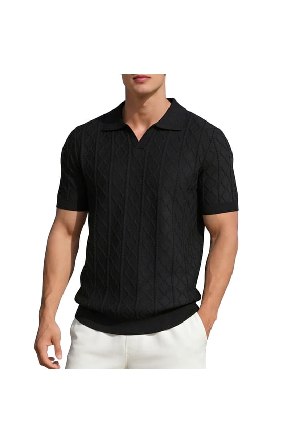 Men's Solid Knit Shirt, Short Sleeve Open Collar Jacquard T-Shirt, Lightweight Comfortable Casual Summer Top for Daily Wear