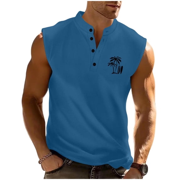 Bpyeka Men's Stand Collar Partial Button Sleeveless Henley Tank Tops, Palm Tree Graphic Casual Athletic Shirts for Running Workout & Summer Daily Wear, S-3XL, Blue