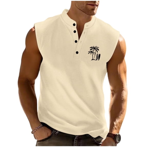 Bpyeka Men's Stand Collar Partial Button Sleeveless Henley Tank Tops, Palm Tree Graphic Casual Athletic Shirts for Running Workout & Summer Daily Wear, S-3XL, Khaki