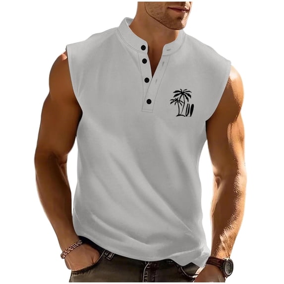 Bpyeka Men's Stand Collar Partial Button Sleeveless Henley Tank Tops, Palm Tree Graphic Casual Athletic Shirts for Running Workout & Summer Daily Wear, S-3XL, Gray