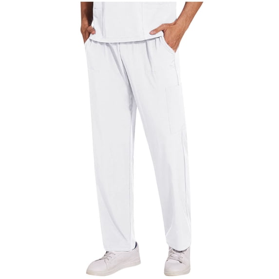 Bpyeka Men's Straight Leg Cargo Pants Elastic Drawstring Stretch Waist Multi-Pockets Durable Nursing Uniform Long Trousers S-2XL, White