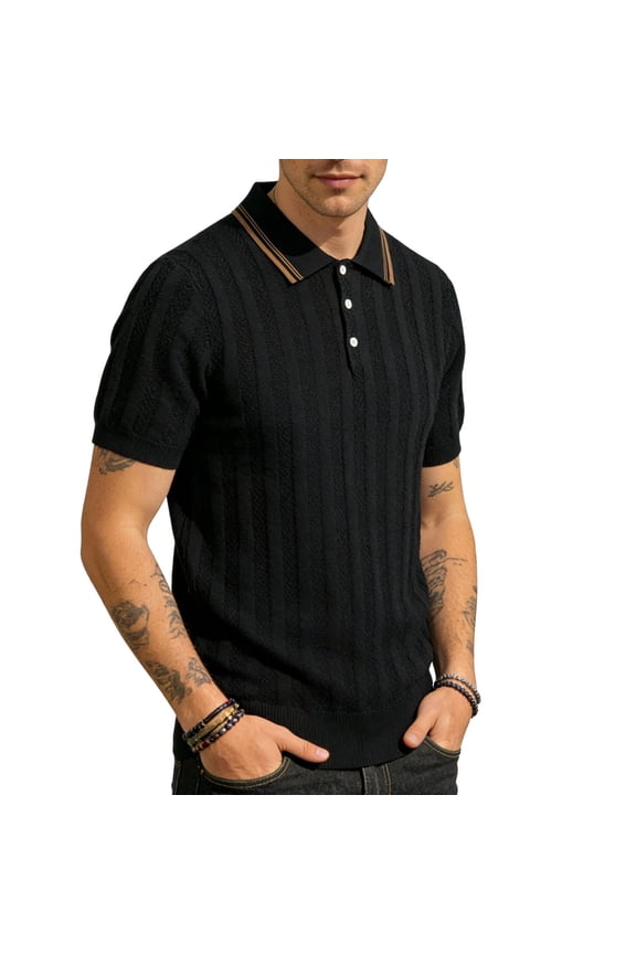 Men's Textured Knit Shirt, Striped 3 Button Collar Short Sleeve T-Shirt, Lightweight Comfy Casual Summer Top, Relaxed Fit, S-2XL
