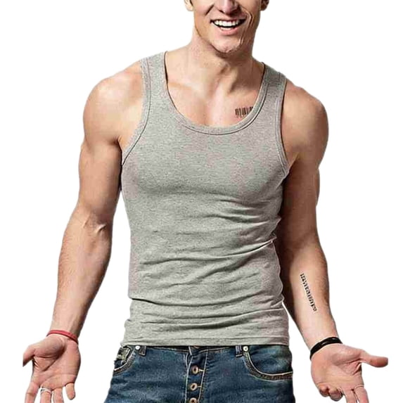 Bpyeka Men's U-Neck Ribbed Slim Fit Tank Tops, Stretch Sleeveless Shirts for Retro Fitness Workout & Daily Casual Wear, M-4XL, Gray