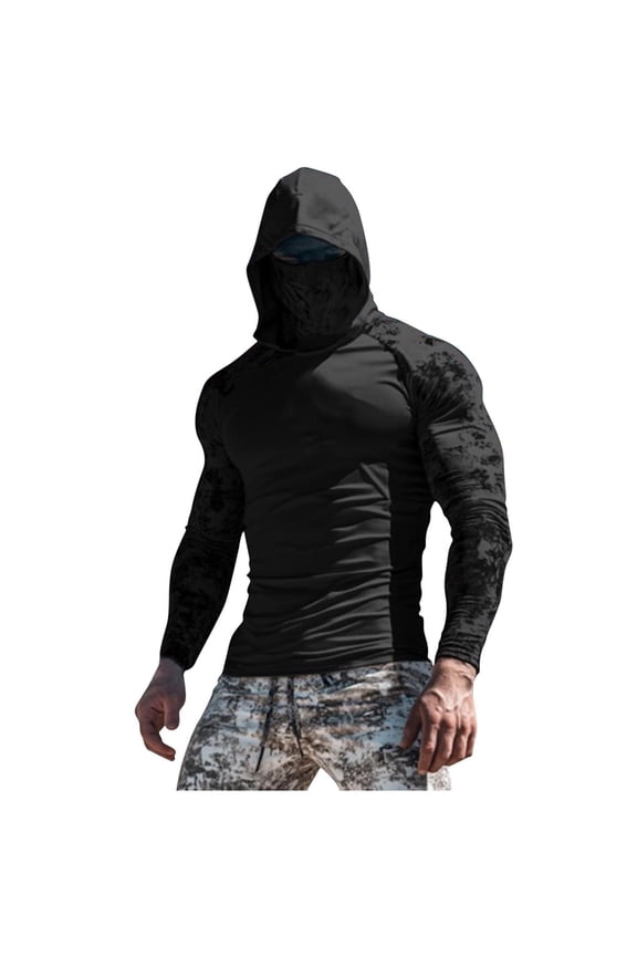 Men's UPF 50+ Printed Raglan Hooded Sun Coat, Built-in Face Cover Lightweight Breathable Long Sleeve Outdoor Fishing Tops M-2XL, Black