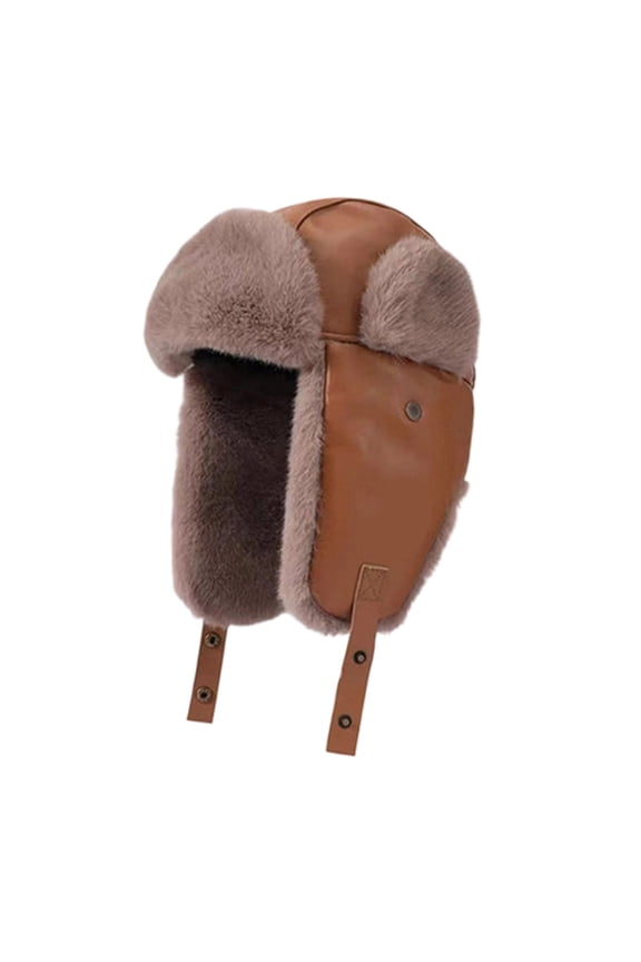 Unisex Faux Leather Trapper Hat, Thick Fuzzy Lined Ear Flaps Adjustable Strap Windproof Thermal Winter Cap Free Size
