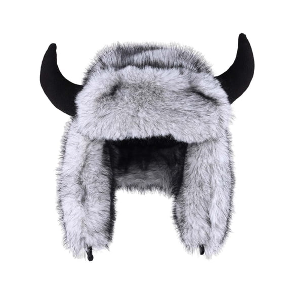 Bpyeka Unisex Horn Decor Faux Fur Trapper Hat, Thick Windproof Ear Flap Buckle Adjustable Winter Cycling Outdoor Warm Cap Free Size