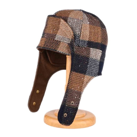 Bpyeka Unisex Plaid Color Block Corduroy Trapper Hat, Windproof Ear Flap Vintage British Thermal Outdoor Motorcycle Cap Free Size, Coffee