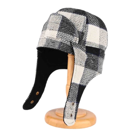 Bpyeka Unisex Plaid Color Block Corduroy Trapper Hat, Windproof Ear Flap Vintage British Thermal Outdoor Motorcycle Cap Free Size, White