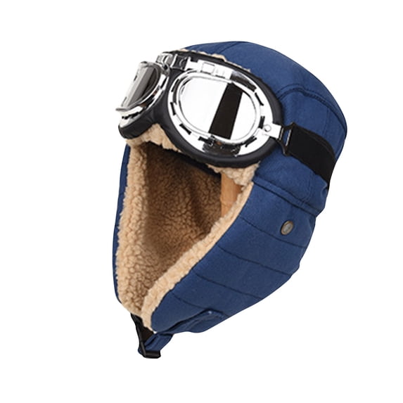 Bpyeka Unisex Sherpa Lined Trapper Hat, Detachable Windproof Goggles Ear Flaps Thermal Winter Outdoor Cotton Cap Free Size, Navy