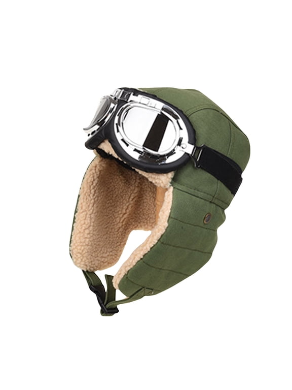 Unisex Sherpa Lined Trapper Hat, Detachable Windproof Goggles Ear Flaps Thermal Winter Outdoor Cotton Cap Free Size