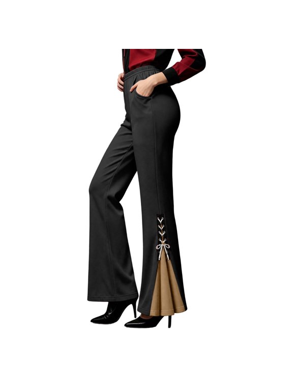 Women's Gothic Flare Pants Elastic Waist Lace Up Split Color Block Pockets Vintage Halloween Party Daily Wear Long Pants S-3XL