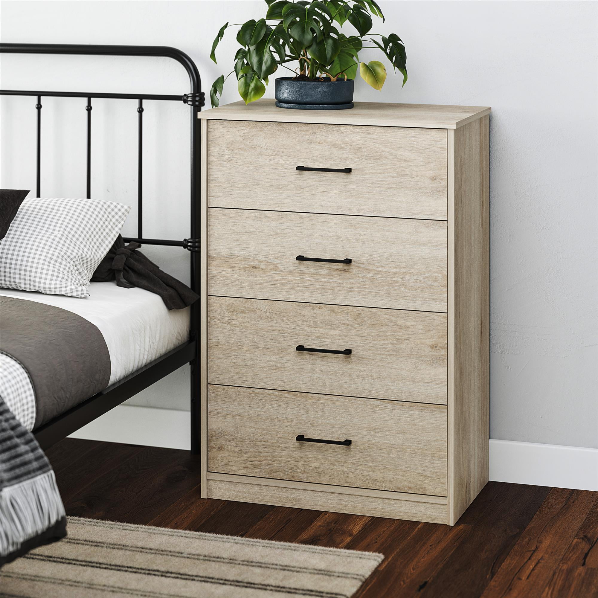 Blonde Oak 4-Drawer Dresser with Metal Handles