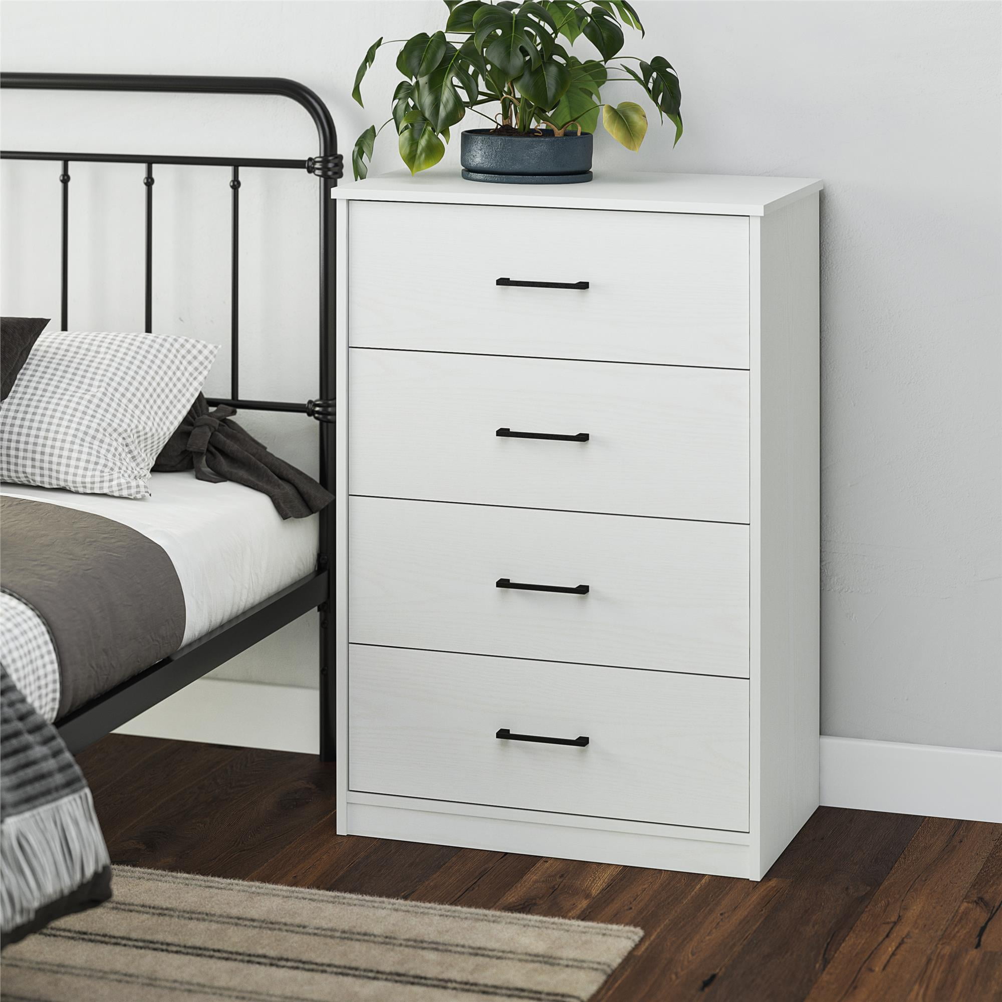 White Laminate 4-Drawer Vertical Dresser with Metal Handles