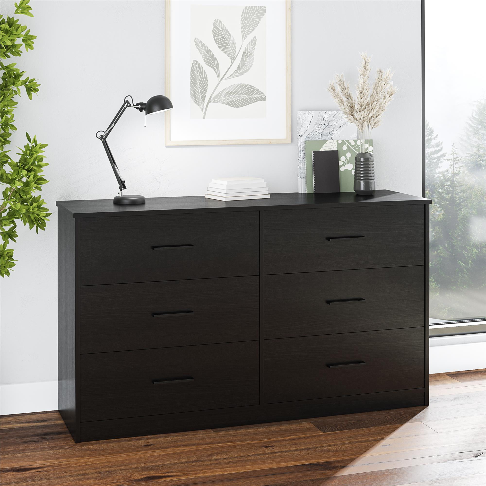Black Oak Wide 6 Drawer Horizontal Dresser