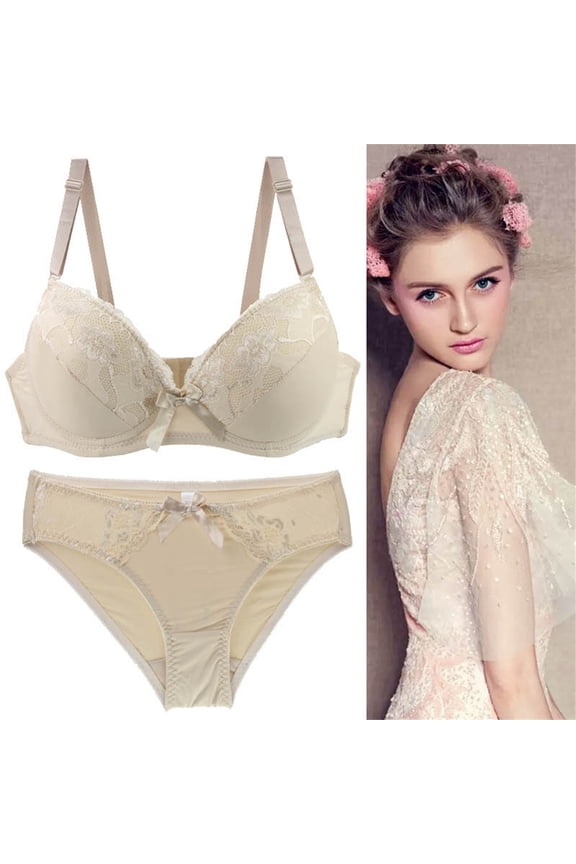 Bra And Panty Set Women'S Underwire Lace Bras Pu Sh Up Bra And Sexy Bikini Pan Ties Sets,Beige Women Nylon Underwear