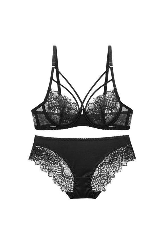 Bra Brief Sets Lace For Women Comfortable And Breathable Gathered Oversized Bra Set Black 34/75A