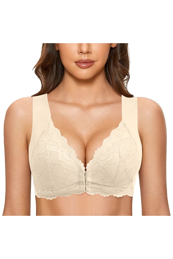 Bra Front Closure Wirefree Unlined Seamless T-Back Full Bust Support for Large Bust Woman Beige L