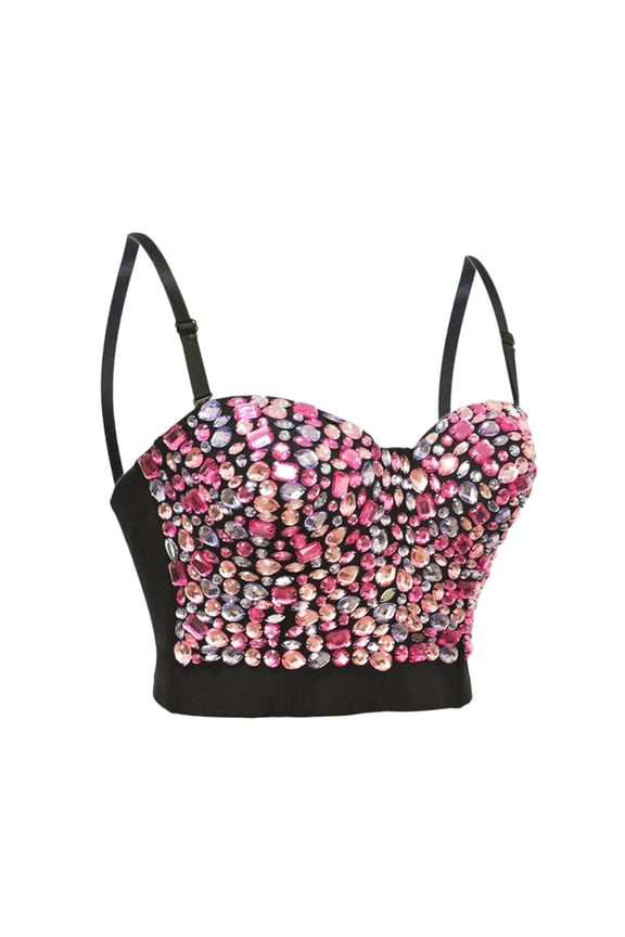 Bra – Push Up Beading Back Closure Bras for Clubwear Outfit Performance Bustier Tops Pink M