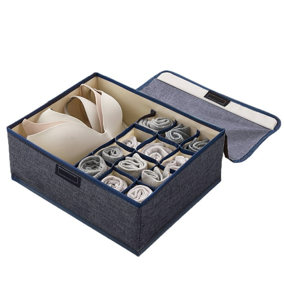Bra Storage Box Foldable Washable Cotton Flax Large Capacity Socks Storage Case Household Supplies-Navy Blue,S