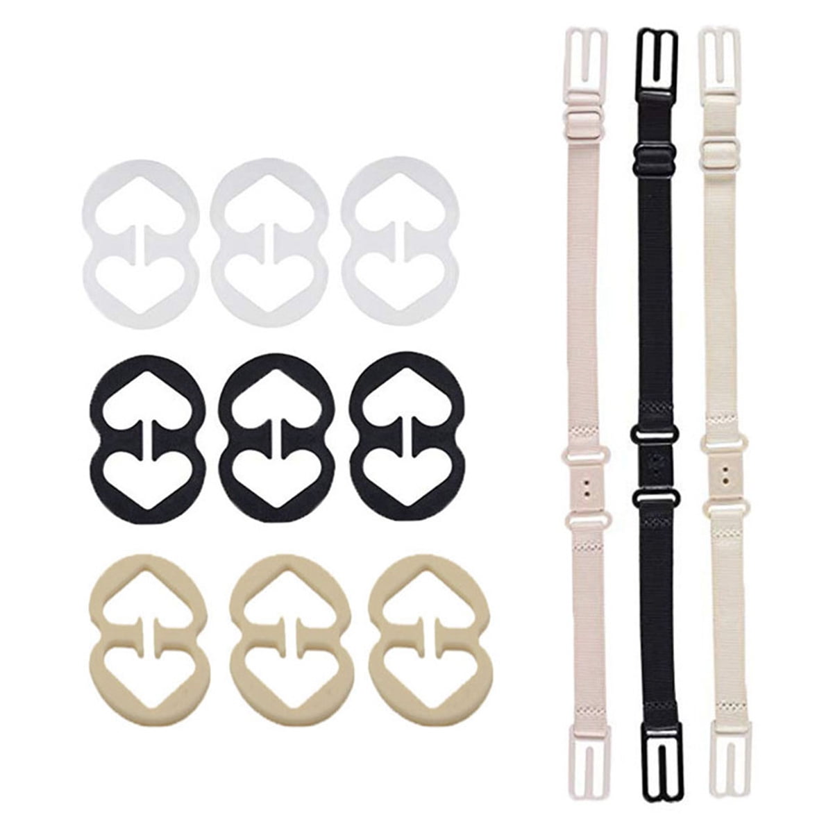 Bra Strap Clips 9-Piece Set - Adjustable Non-Slip Bra Straps Holder For Racerback Conversion (Black/White/Beige)