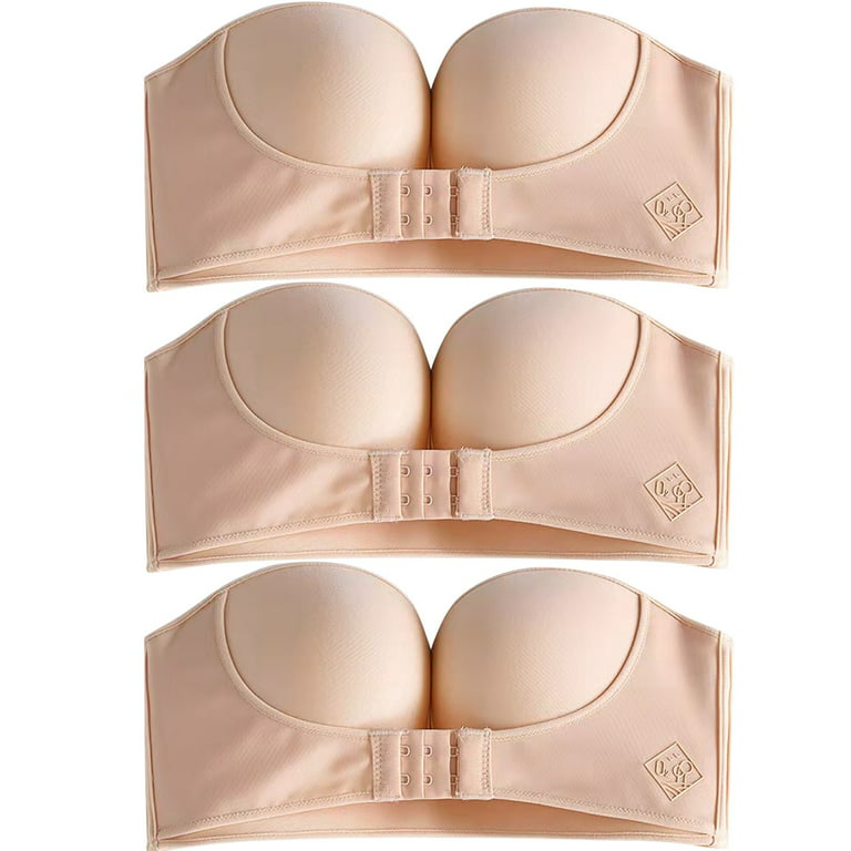 Bra for Women 3PCS Solid Color Strapless Non Slip Adjustment Front Closure  Underwear F Cup Beige 75F 