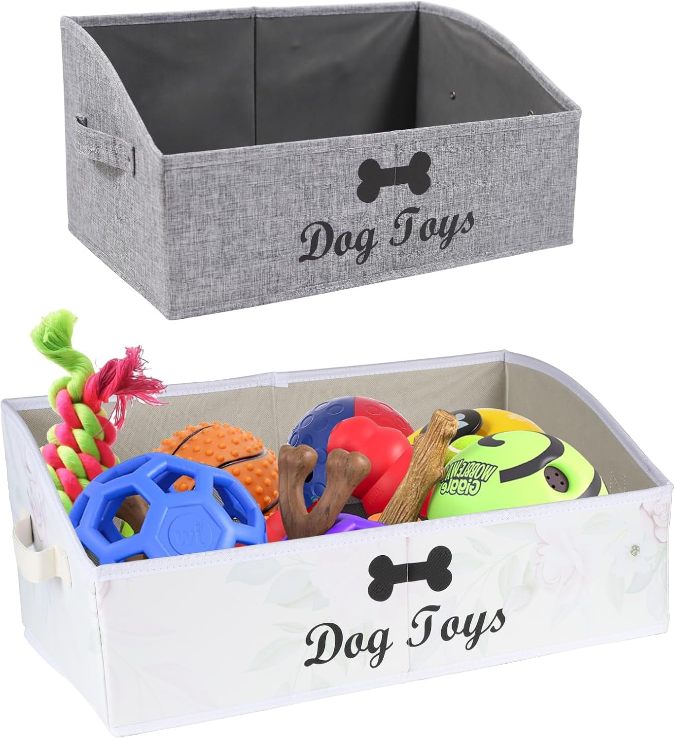 Brabtod 2-Pack Collapsible Dog Toy Basket with Handle, Fabric Trapezoid Storage for Pet Toys Blankets & Accessories, Gray & Beige Set
