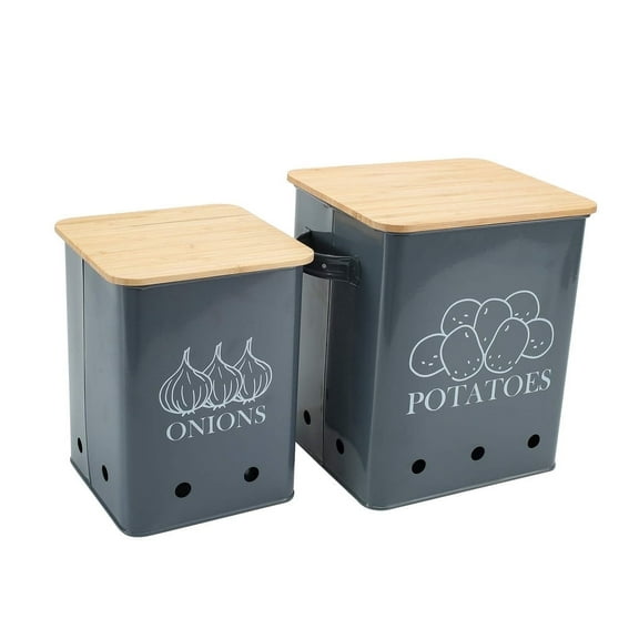 Brabtod 2 Pack Kitchen Storage Container,Potato Onion Storage Canister,Metal Vegetable Fresh Keeper Caddy,Kitchen Pantry Organizer Jars with Bamboo Lid and Aerating Holes,Gray