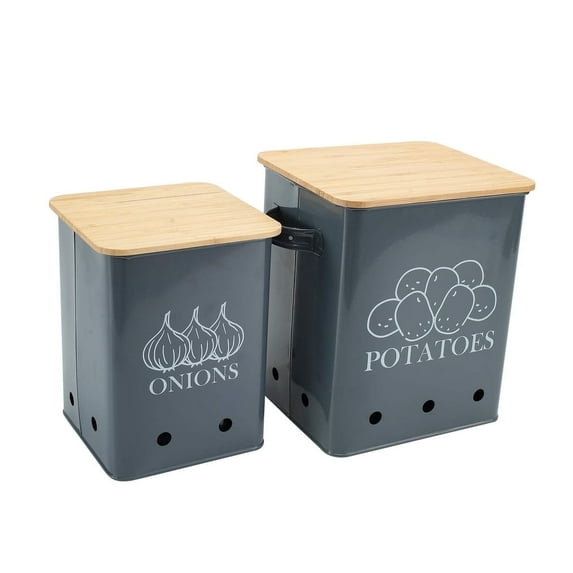 Brabtod 2 Pack Kitchen Storage Container,Potato Onion Storage Canister,Metal Vegetable Fresh Keeper Caddy,Kitchen Pantry Organizer Jars with Bamboo Lid and Aerating Holes,Gray