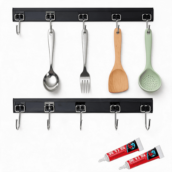 Brabtod 2-Pack Kitchen Utensil Rack with 5 Sliding Wall Hooks, No-Drill Adhesive Mount, Stainless Steel Hooks for Cookware, Mugs & Towels
