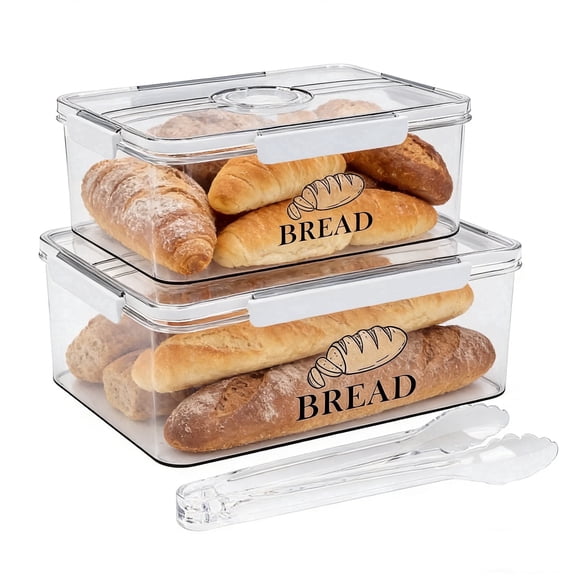 Brabtod 2-Piece Airtight Bread Storage Containers with Date Tracker & Serving Tongs, Food-Grade Clear Plastic Bread Boxes for Kitchen Countertop & Refrigerator