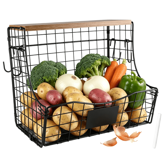 Brabtod 2-Tier Onion Potato Storage Basket, Adjustable Wire Fruit Vegetable Organizer with Wood Lid, Chalkboard Label & Hooks for Countertop Wall Mount Pantry