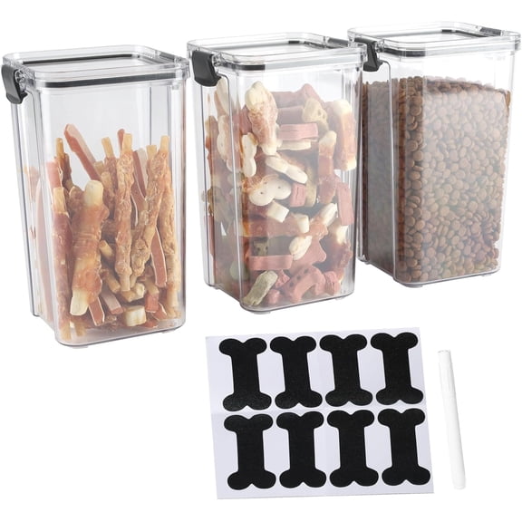 Brabtod 3-Pack Airtight Pet Food Containers with Locking Clips, Dog & Cat Food Storage with Labels & Pen, Bird Seed Treat Canisters