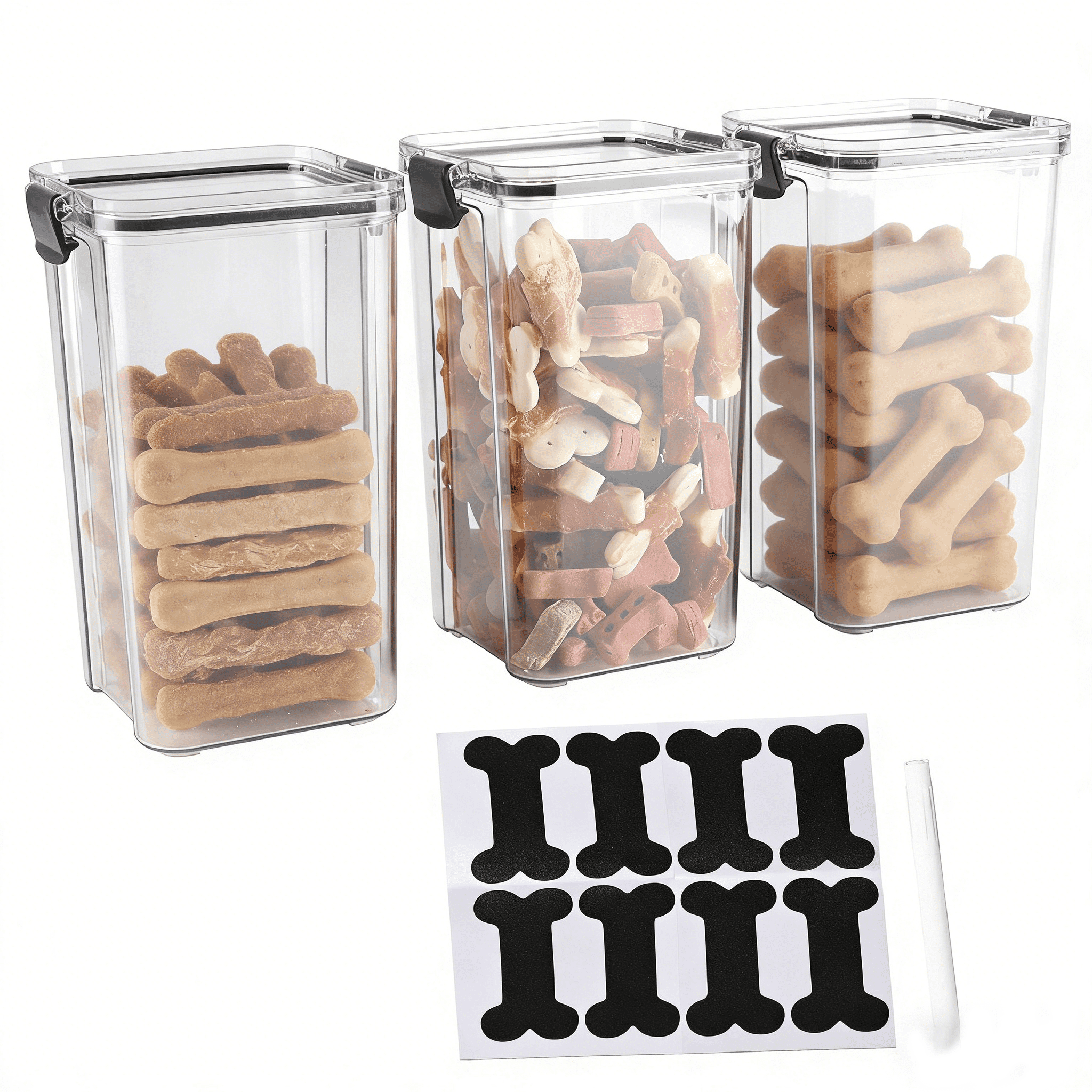 Brabtod 3-Pack Airtight Pet Food Containers with Locking Clips, Dog & Cat Food Storage with Labels & Pen, Bird Seed Treat Canisters