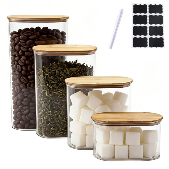 Brabtod 4-Piece Airtight Storage Jars with Bamboo Lids - Transparent Plastic Food Containers for Coffee Beans/Spices/Snacks, Includes Labels & Marker Pen
